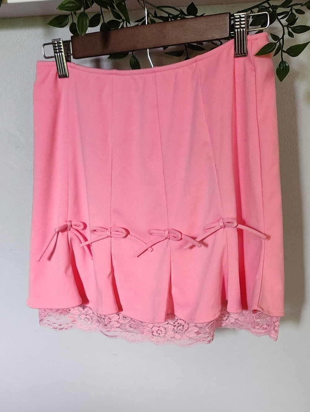 Pink Lace Hem Mini Skirt with Bow Details